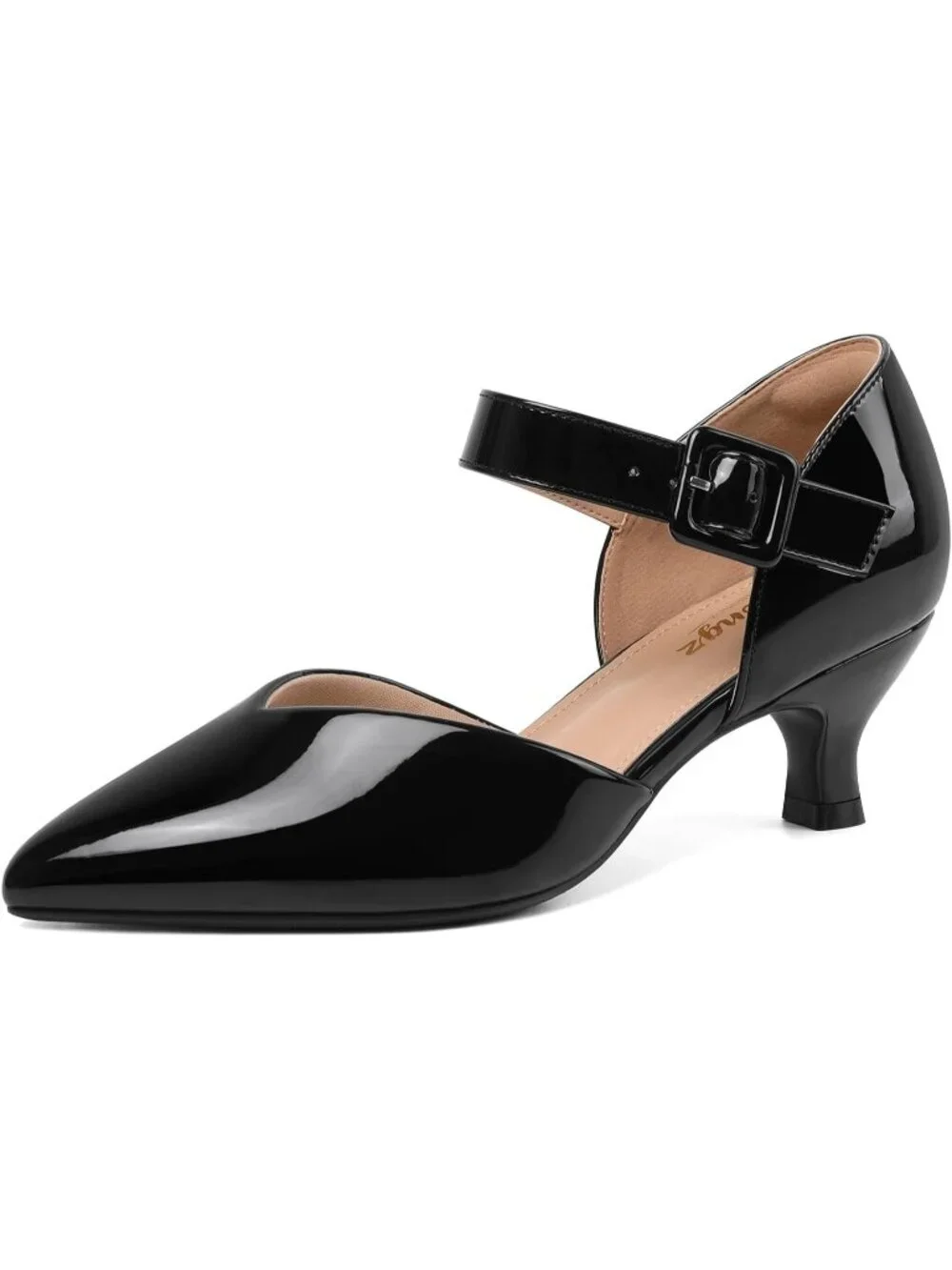 Women's Black Closed Pointed Toe Ankle Strap Buckle Heels Slip on Low Heel Shoes